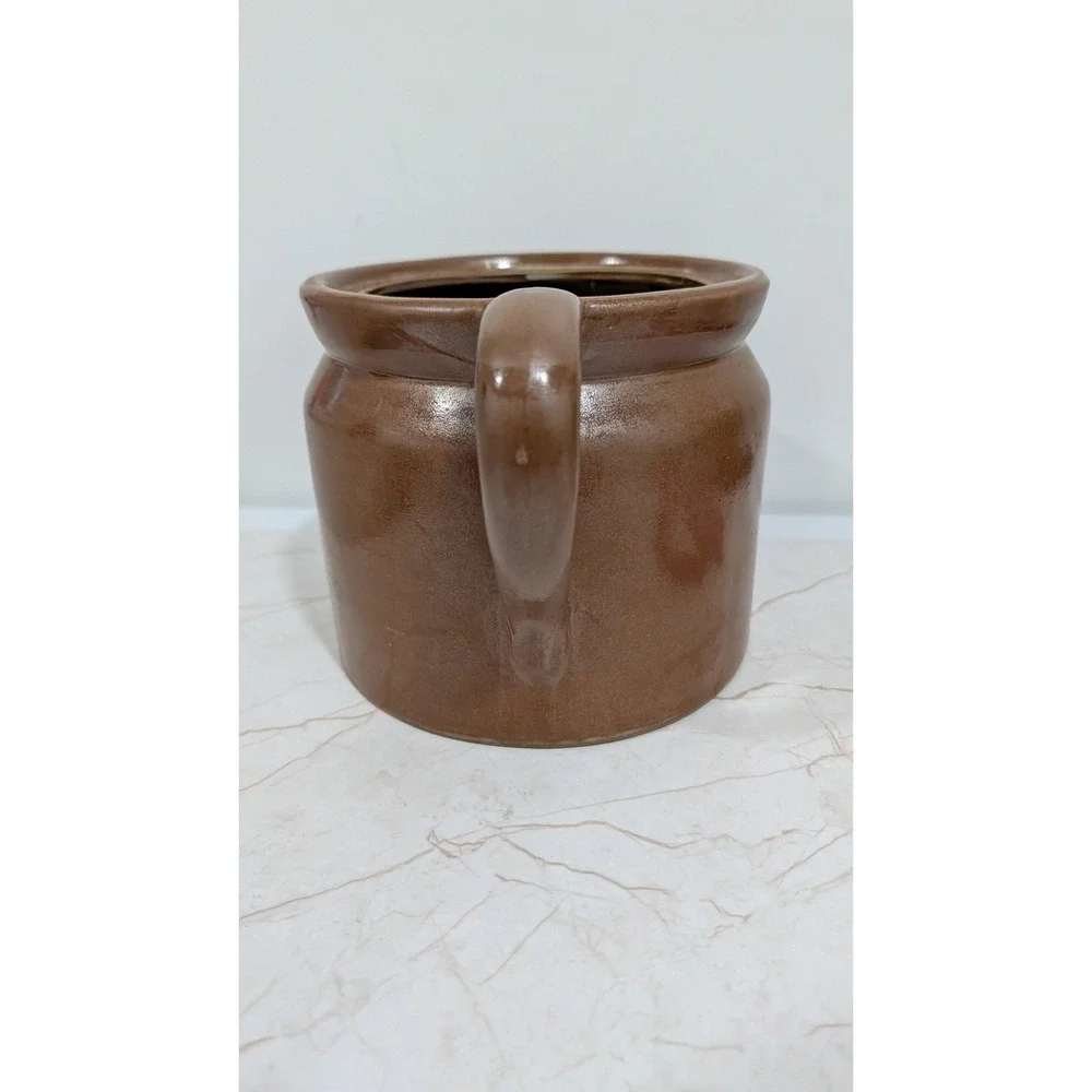 Vintage Brown Stoneware Bean Pot Crock Folk Art Bird Hand Painted Glazed Pottery